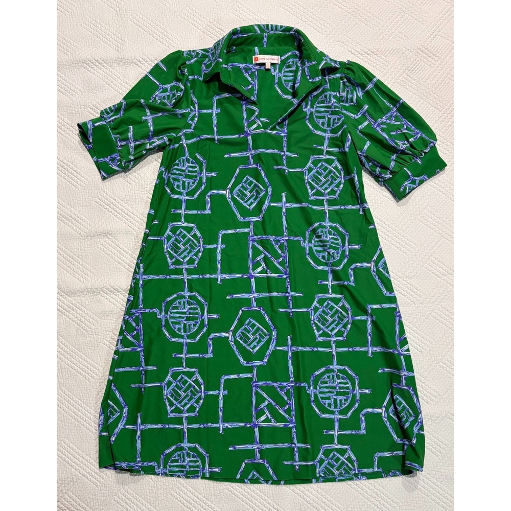 Jude Connally Women's Green and Blue Bamboo Lattice Pattern Ginger Dress Size S